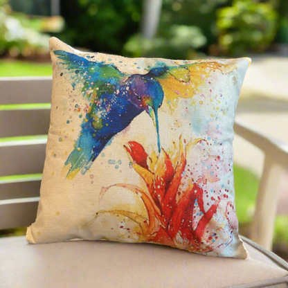 Oil Painting Blue Humming Birds With Flowers Pillow Cover