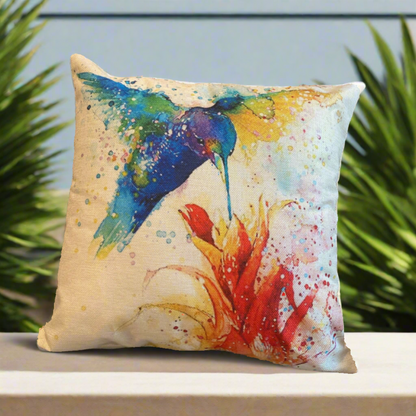 Oil Painting Blue Humming Birds With Flowers Pillow Cover