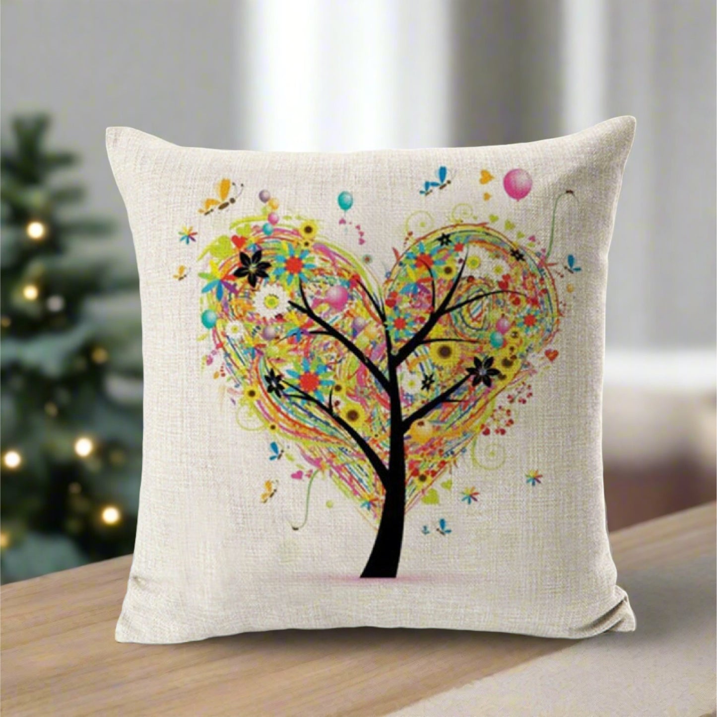 Colorful drawing Heart Shaped Tree Pillow Cover