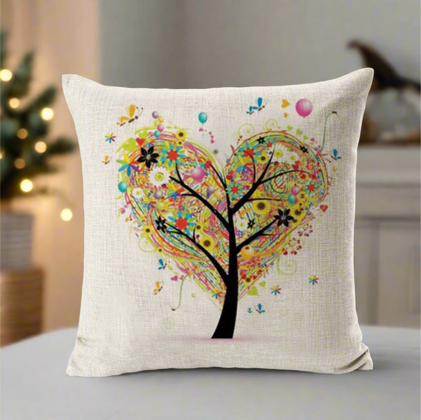 Colorful drawing Heart Shaped Tree Pillow Cover