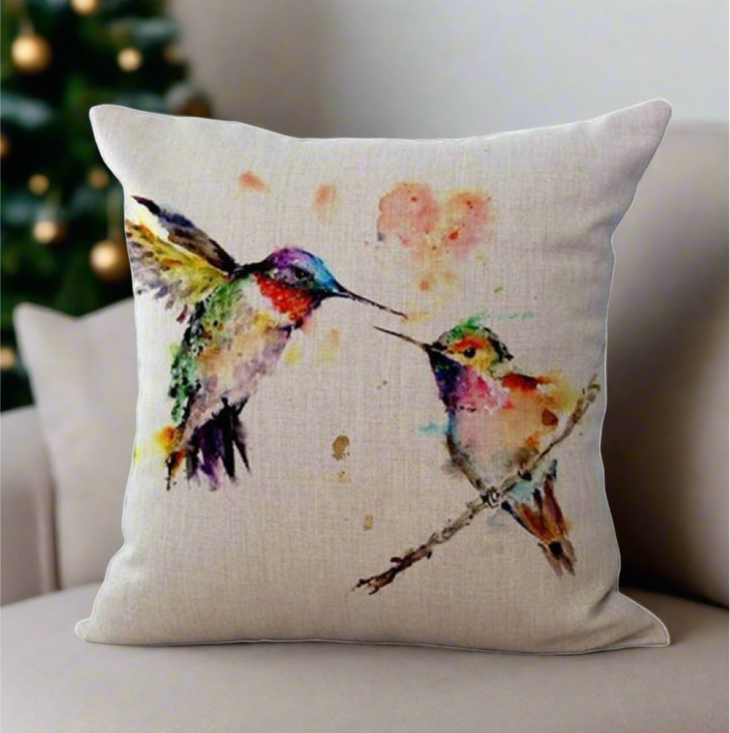 Cute Two Hummingbird Birds Painting Pillow Cover