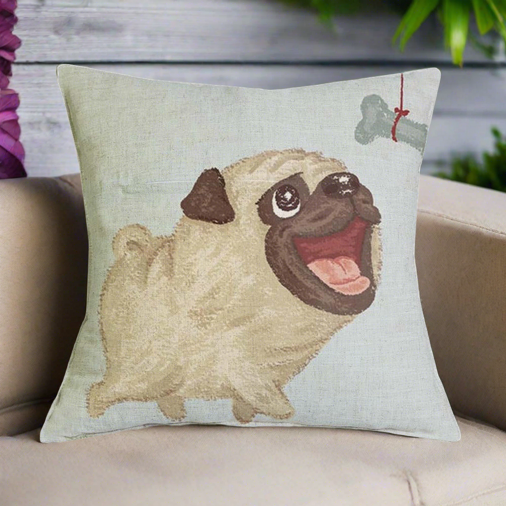 Pug Chasing Bone Pillow Cover