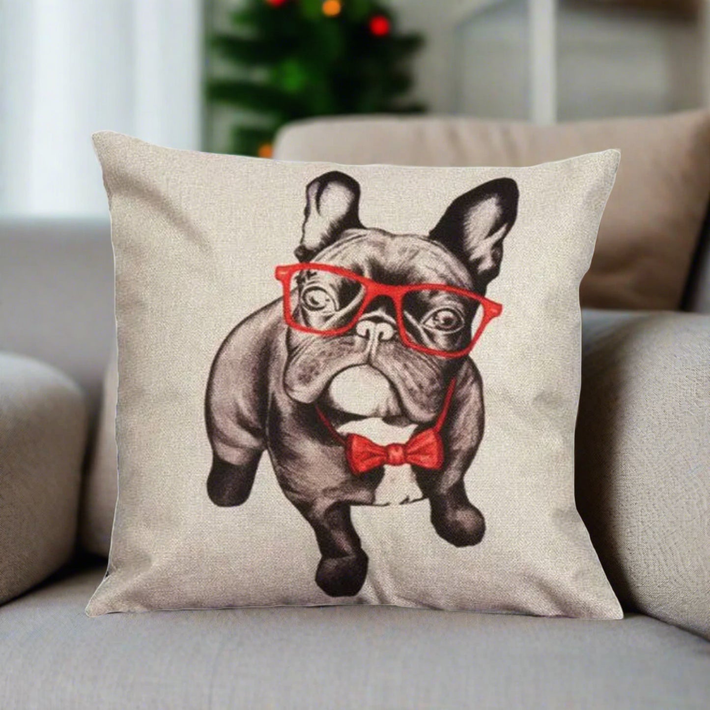 Frenchie French Bulldog With Red Glasses Throw Pillow