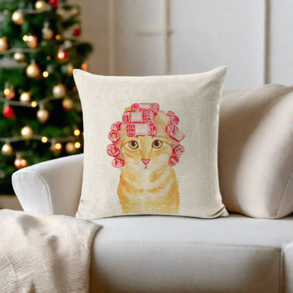Funny Orange Tabby Cat With Pink Throw Pillow Cover
