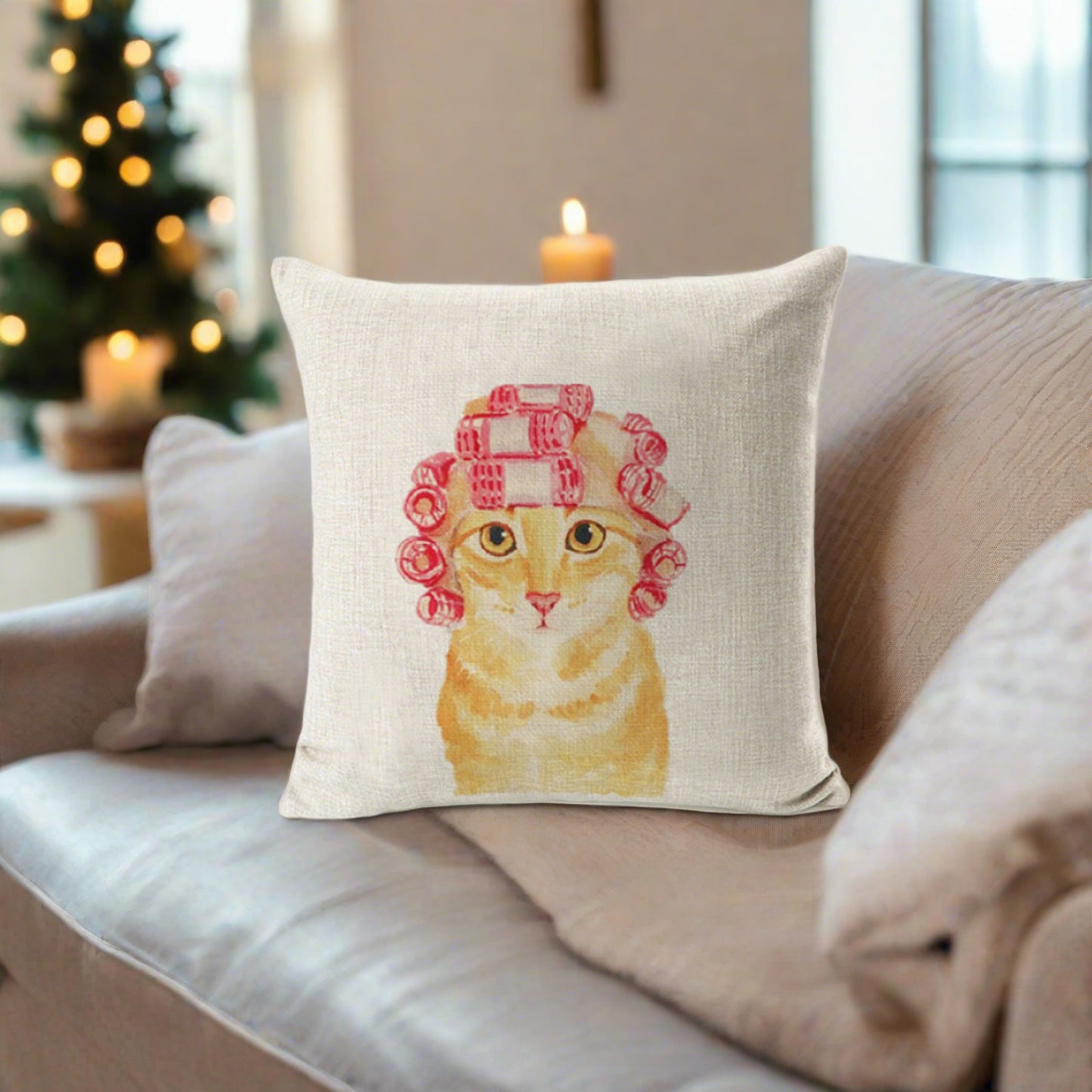 Funny Orange Tabby Cat With Pink Throw Pillow Cover