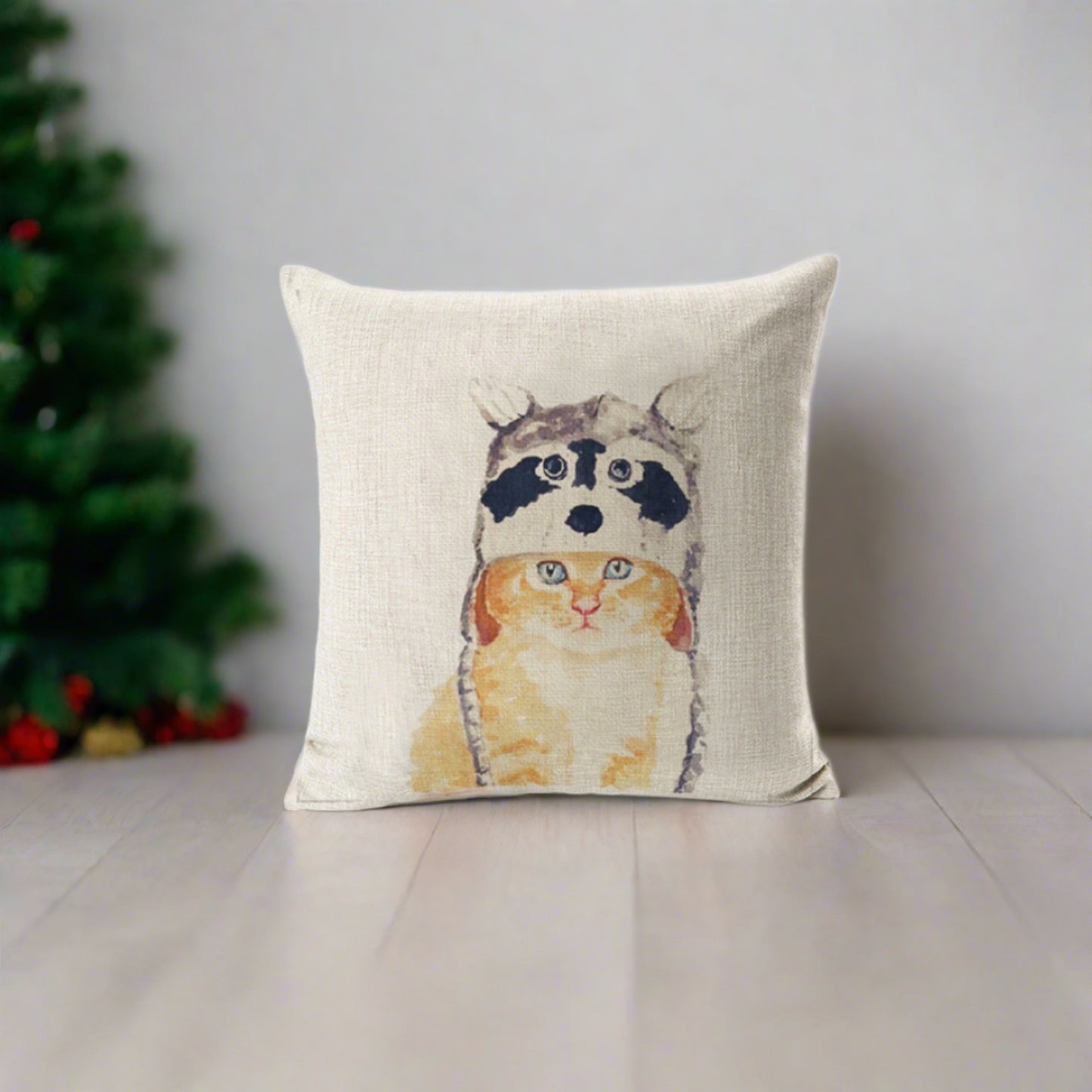 Yellow Cat With Raccoon Hat Throw Pillow Cover
