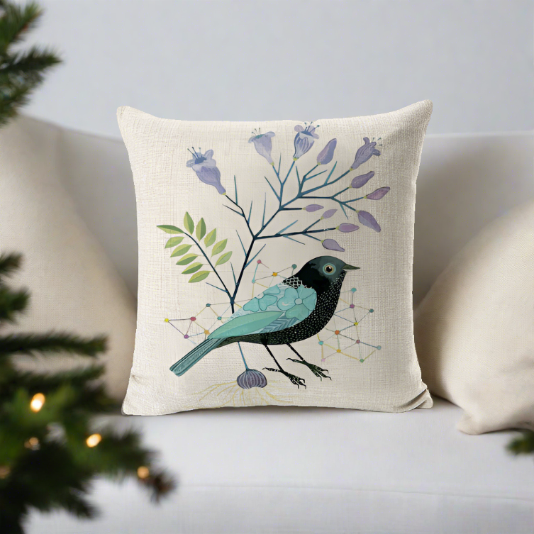 Blue Bird With Purple Flowers Pillowcase | Throw Pillow Cover