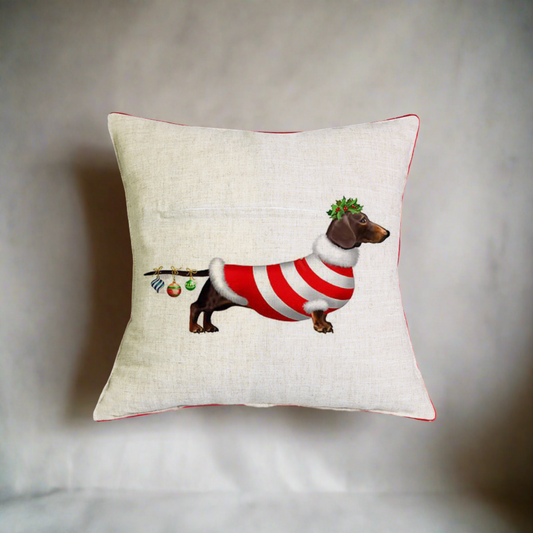 Christmas Dachshund - Red White Santa Shirt Pillow Cover