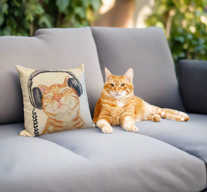 Ginger Tabby Cat With Headphone Pillow Cover