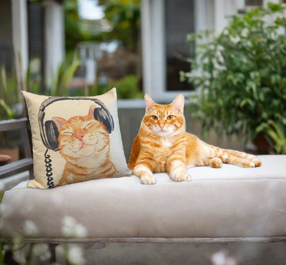 Ginger Tabby Cat With Headphone Pillow Cover