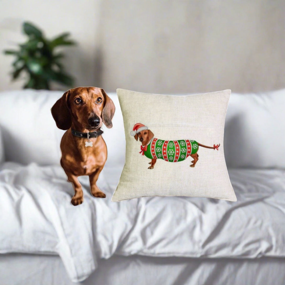 Christmas Dachshund - Green Shirt Pillow Cover