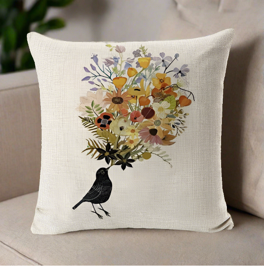 Black Bird with Flowers Pillowcase | Throw Pillow Cover