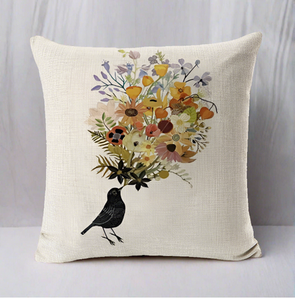Black Bird with Flowers Pillowcase | Throw Pillow Cover