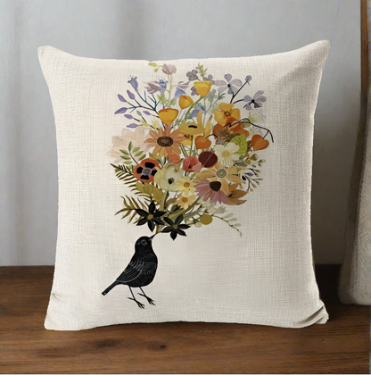 Black Bird with Flowers Pillowcase | Throw Pillow Cover