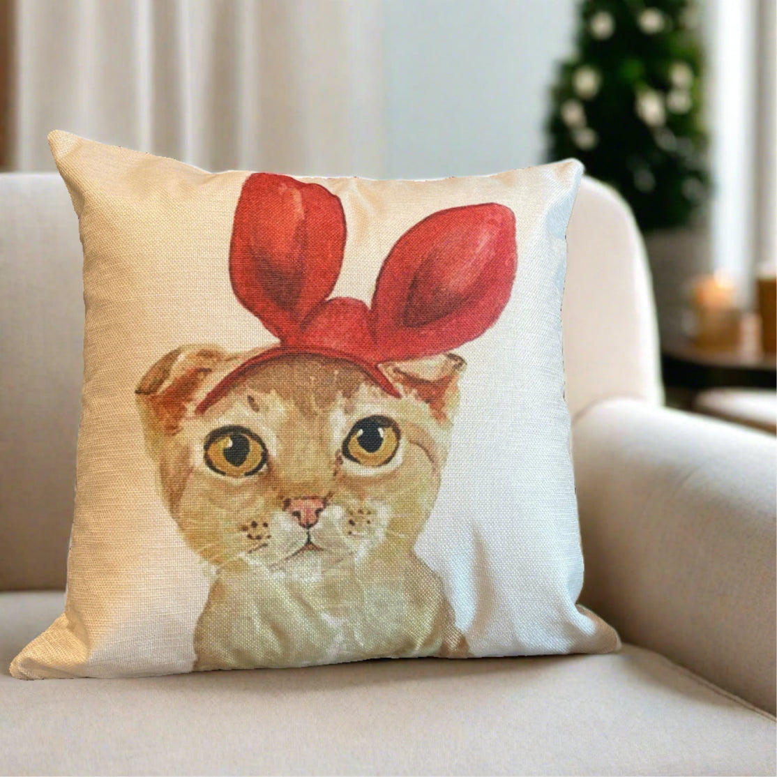 Lovely Orange Tabby Cat With Red Bunny Ear Pillow Cover