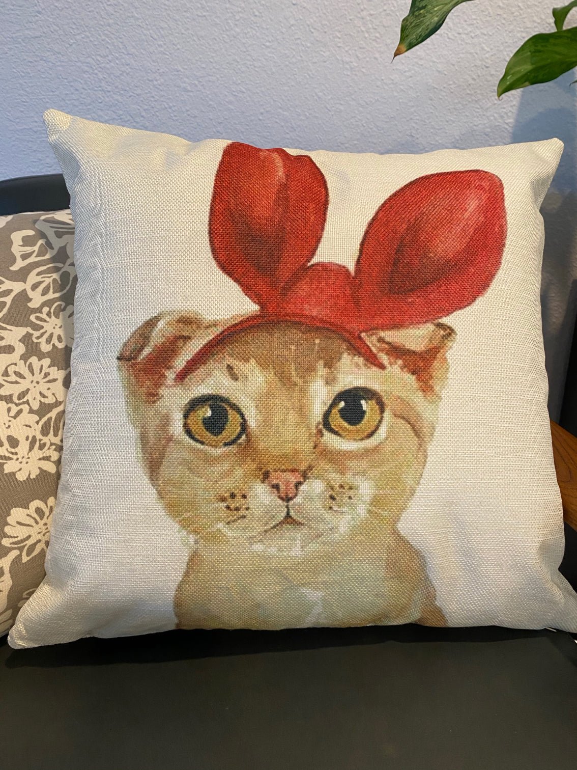 Lovely Orange Tabby Cat With Red Bunny Ear Pillow Cover