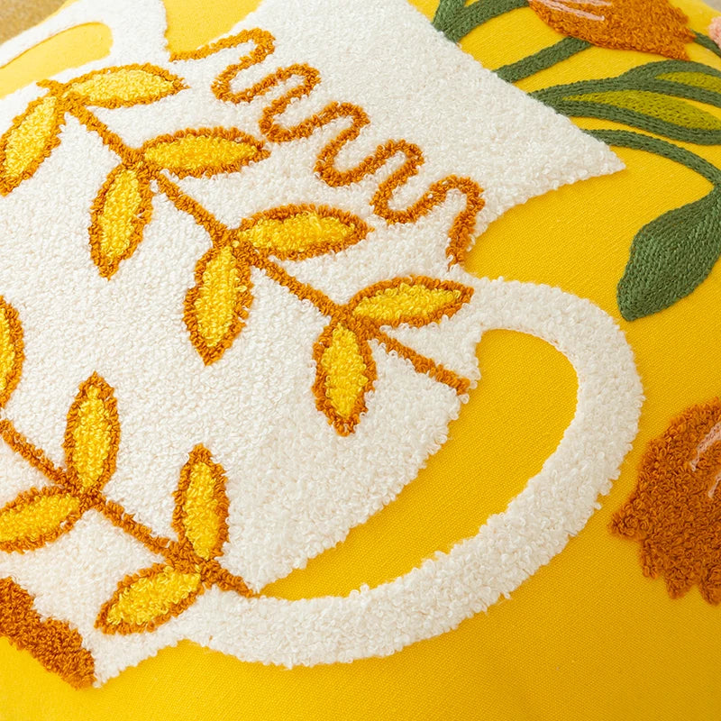 Yellow Vase Embroidery Flower Throw Pillow Cover