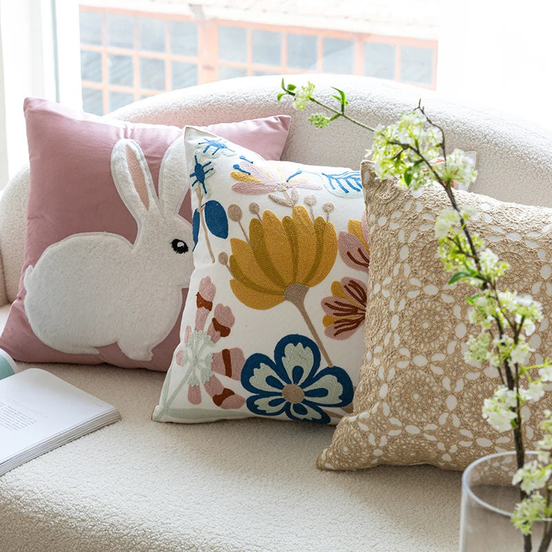 Embroidery Flower and Bunny Throw Pillow Cover