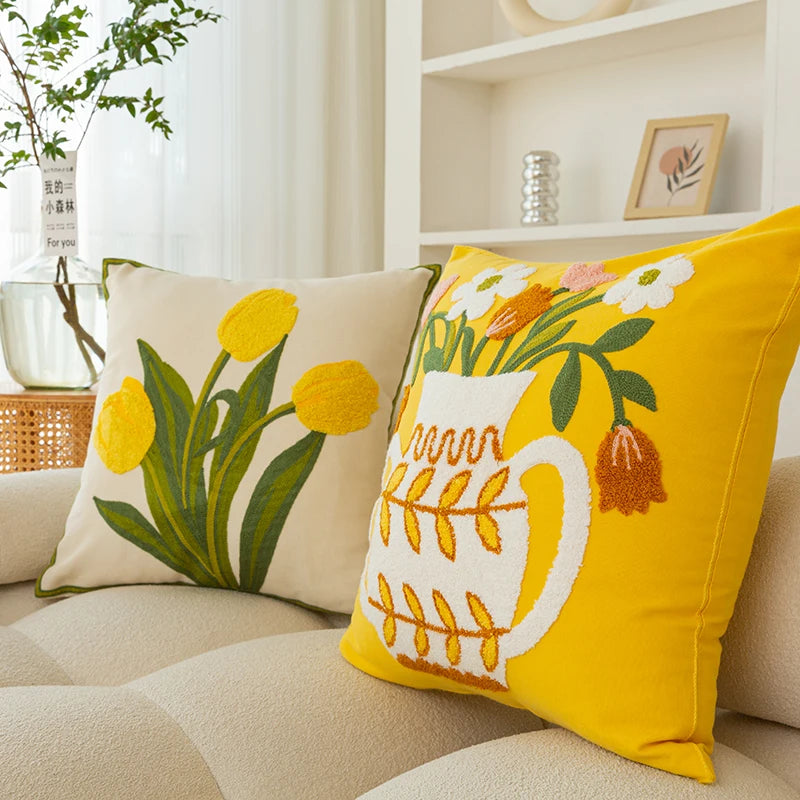 Yellow Vase Embroidery Flower Throw Pillow Cover
