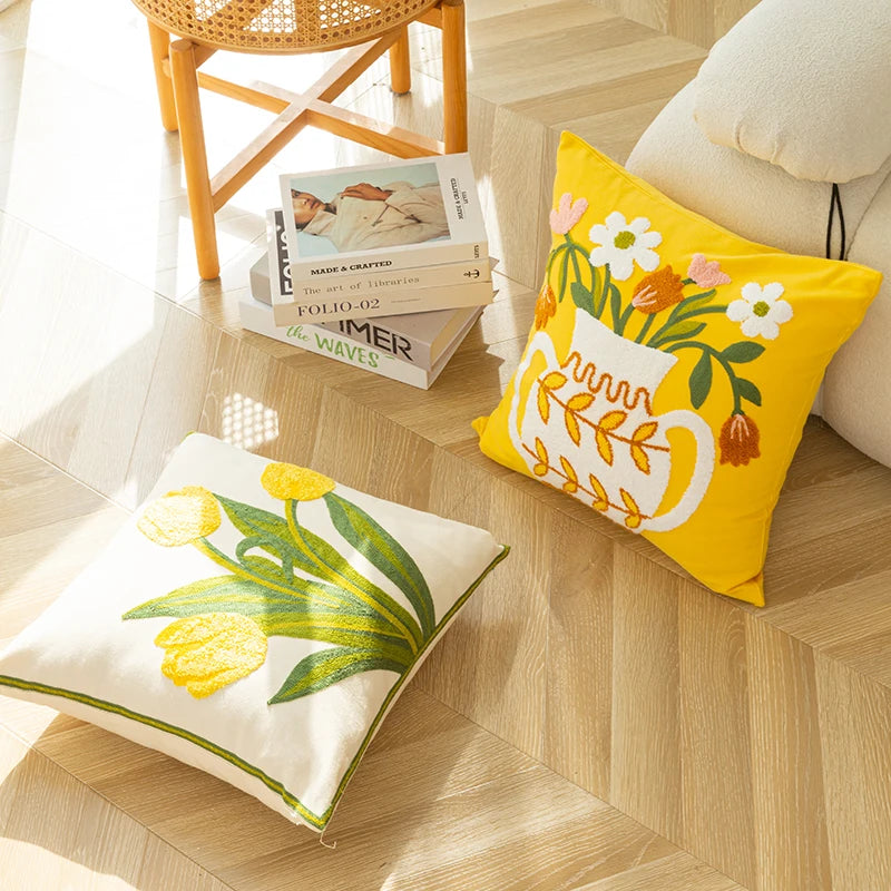 Yellow Vase Embroidery Flower Throw Pillow Cover