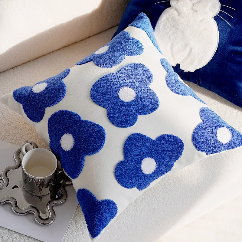 Embroidery Blue Nordic Flower Throw Pillow Cover