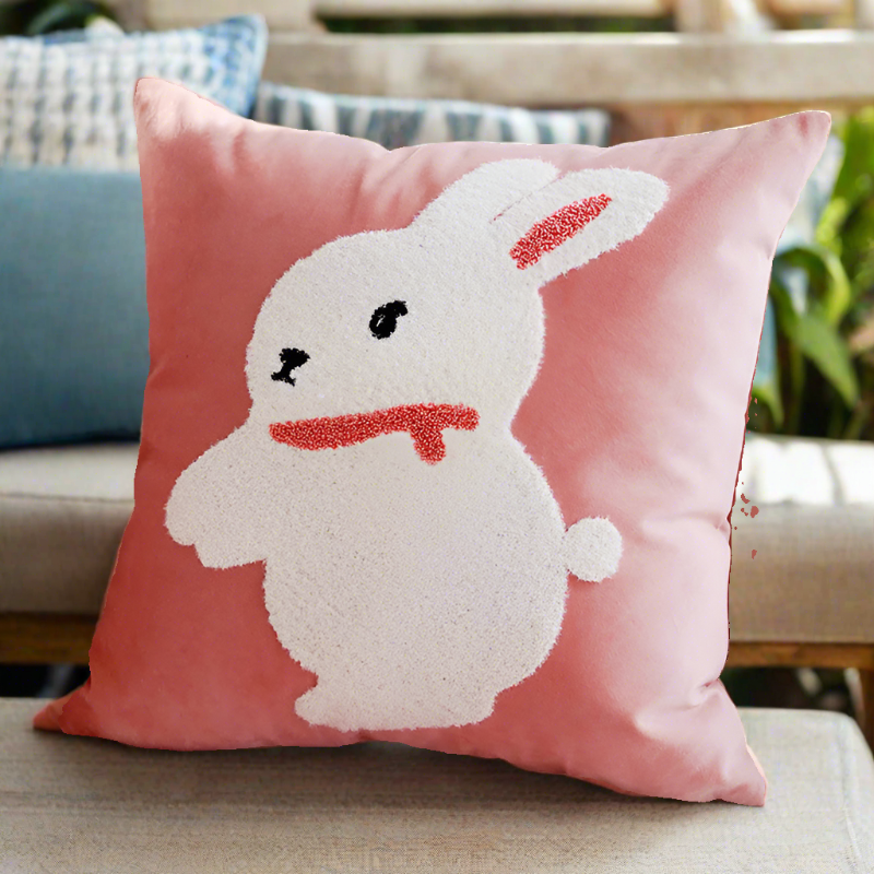 Embroidery Blue Rabbit Throw Pillow Cover