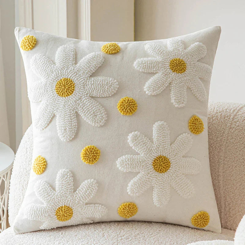 Embroidery White Daisy Flower Throw Pillow Covers