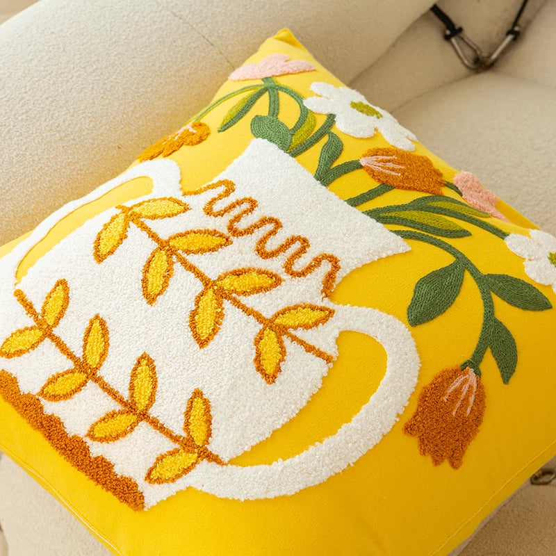 Yellow Vase Embroidery Flower Throw Pillow Cover