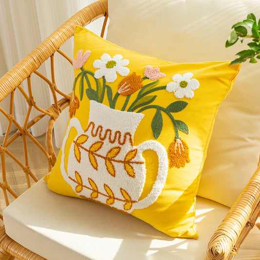 Yellow Vase Embroidery Flower Throw Pillow Cover