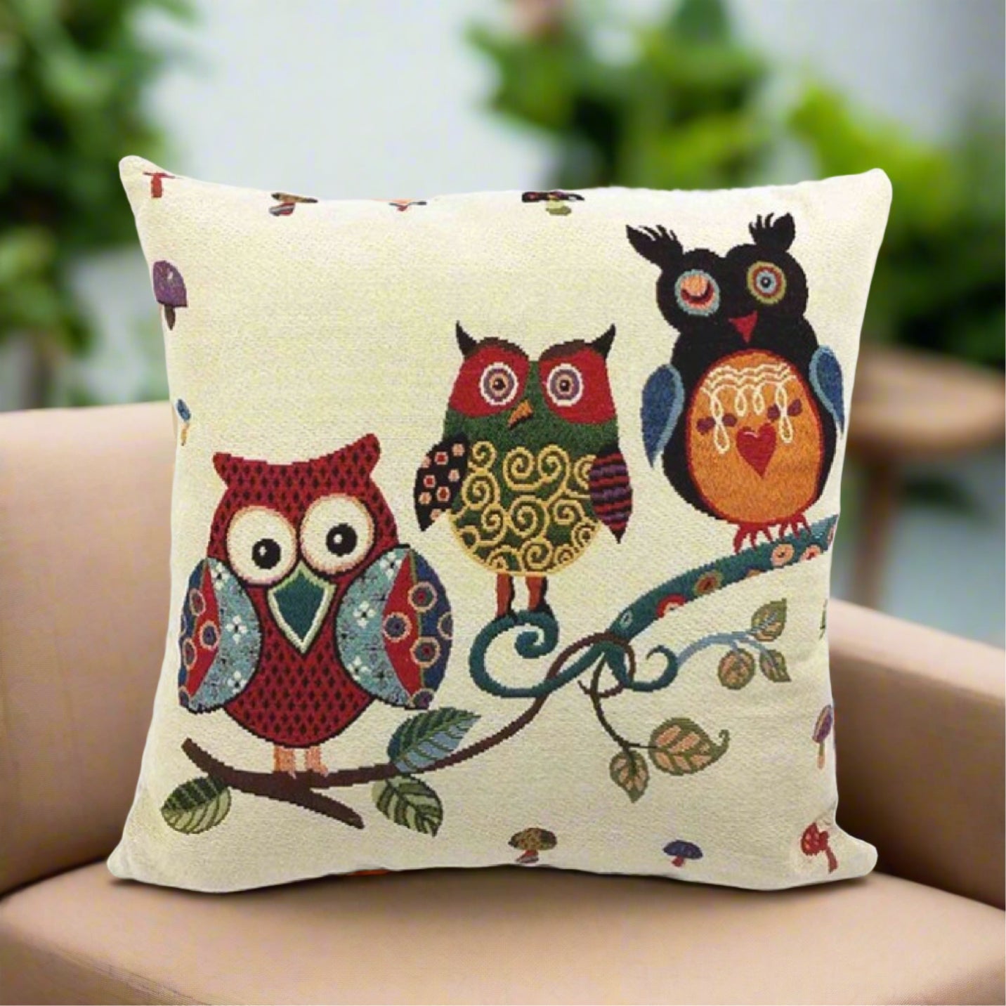 Vintage Graphic Three Cute Owls On Branch White Pillow Cover