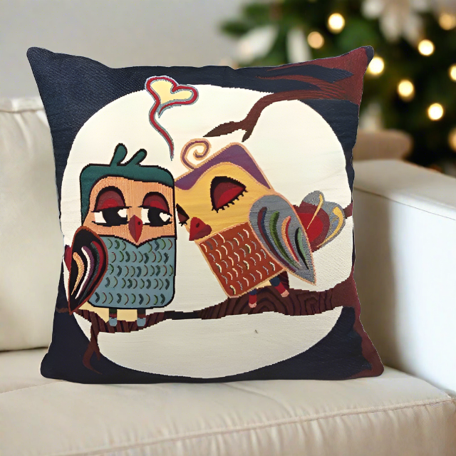Vintage Graphic Two Owl In Love On Branch With Moon Black Pillow Cover