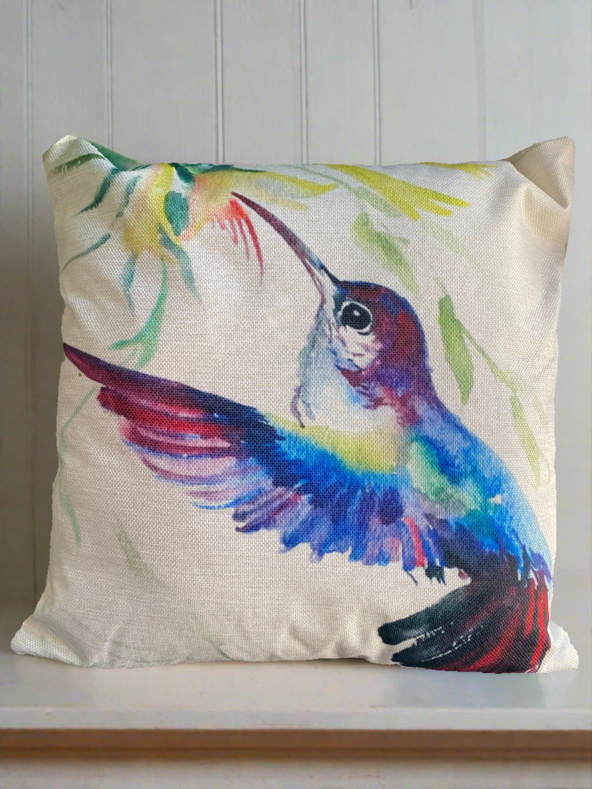 Blue Hummingbird Bird With Flowers Throw Pillow Cover