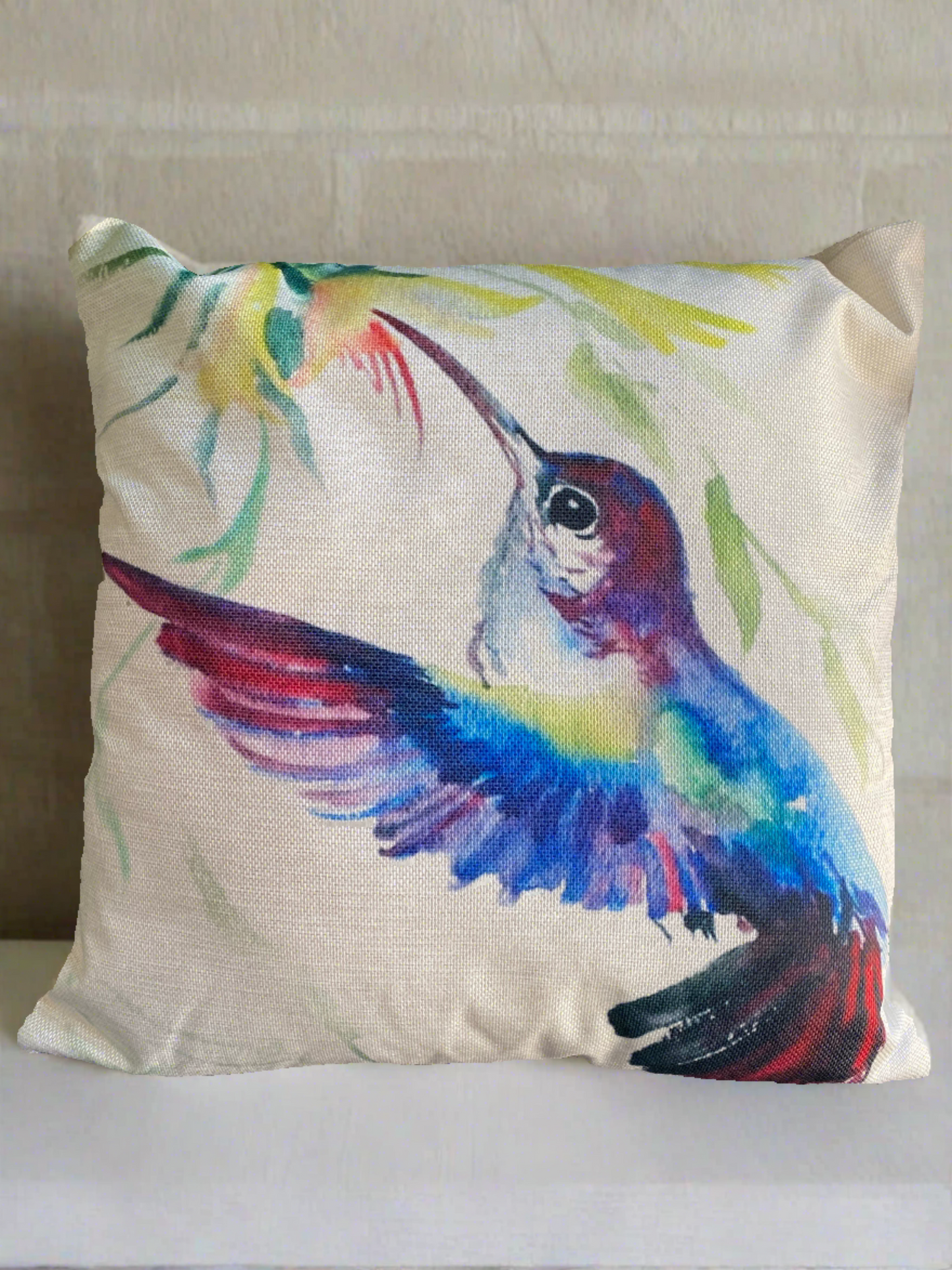 Blue Hummingbird Bird With Flowers Throw Pillow Cover