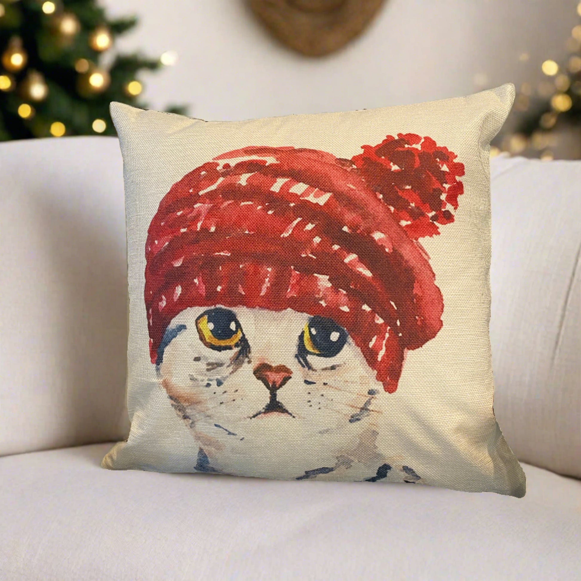 Lovely Tabby Cat With Red Hat Throw Pillow Cover