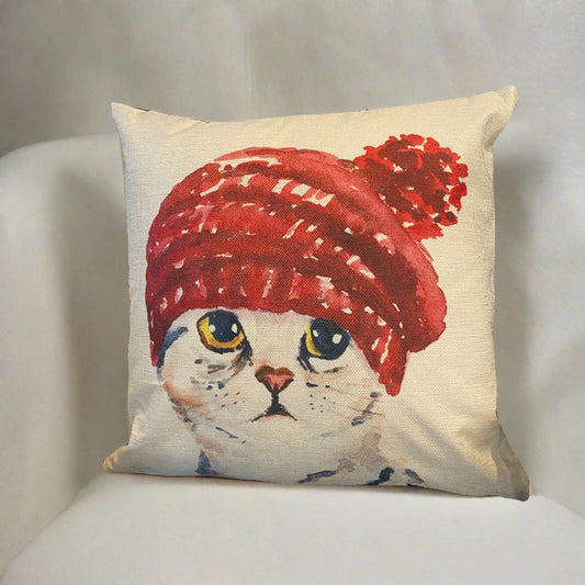 Lovely Tabby Cat With Red Hat Pillow Cover