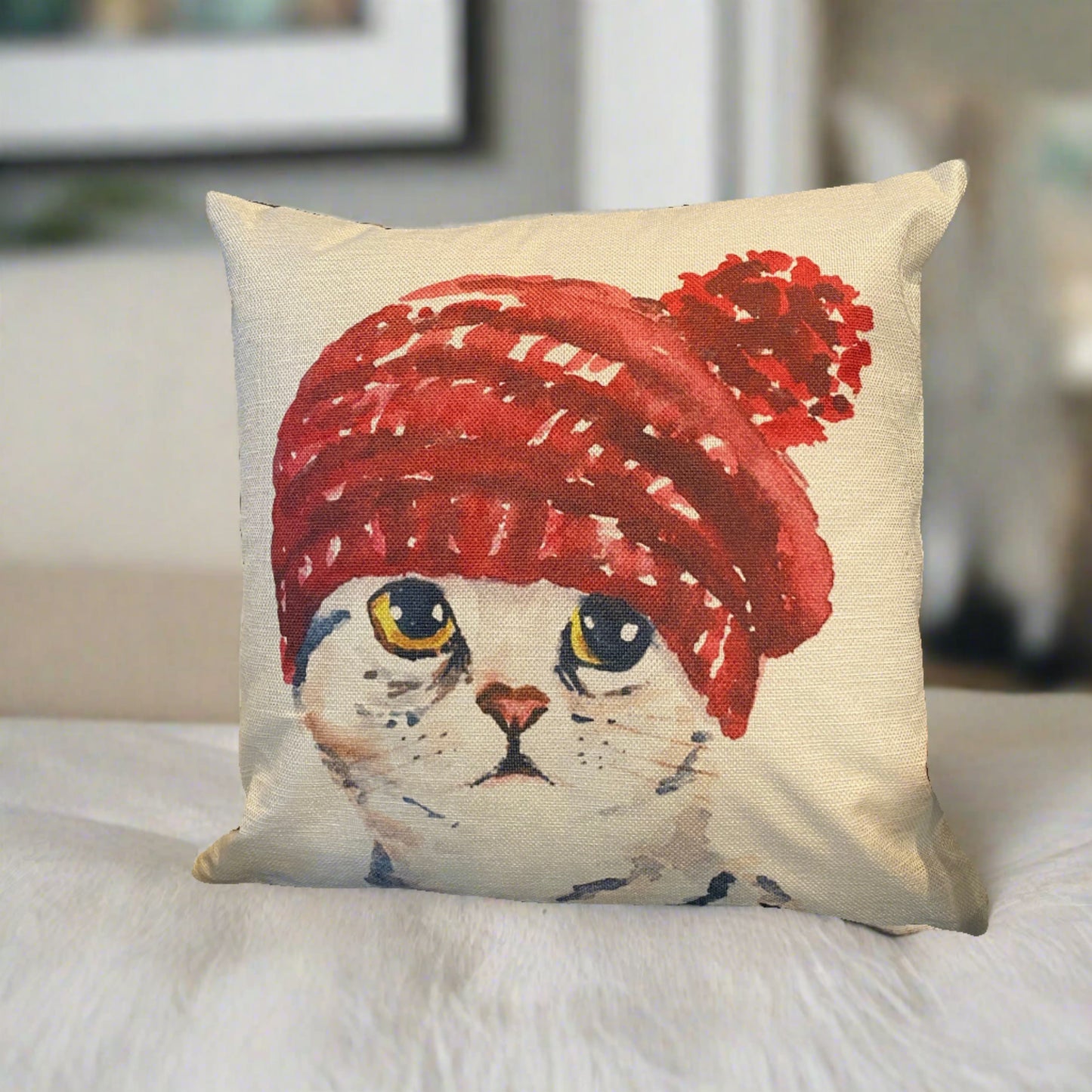 Lovely Tabby Cat With Red Hat Throw Pillow Cover