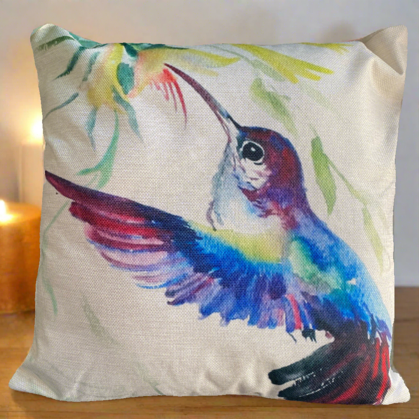 Blue Hummingbird Bird With Flowers Throw Pillow Cover