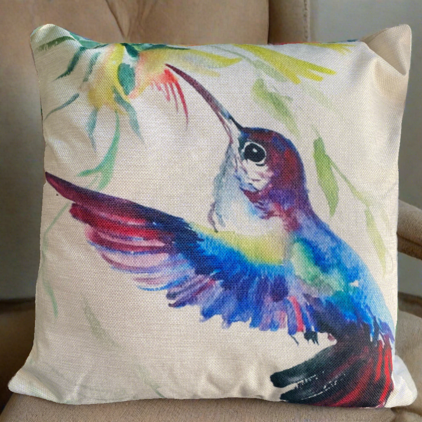 Blue Hummingbird Bird With Flowers Throw Pillow Cover