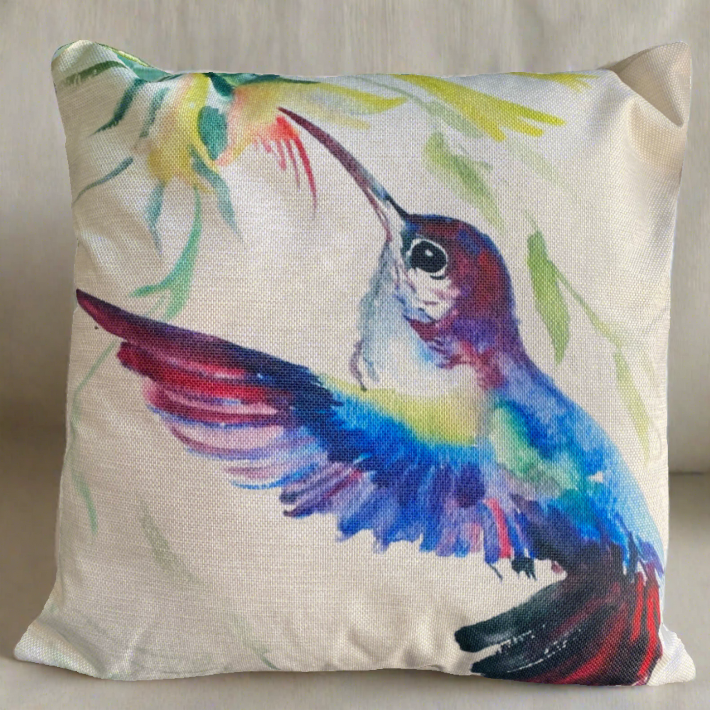 Blue Hummingbird Bird With Flowers Throw Pillow Cover