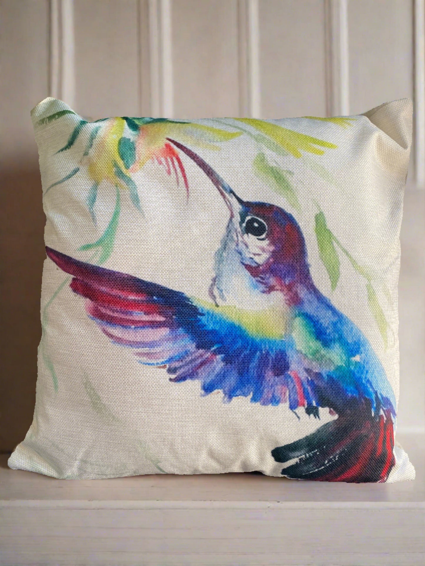 Blue Hummingbird Bird With Flowers Throw Pillow Cover