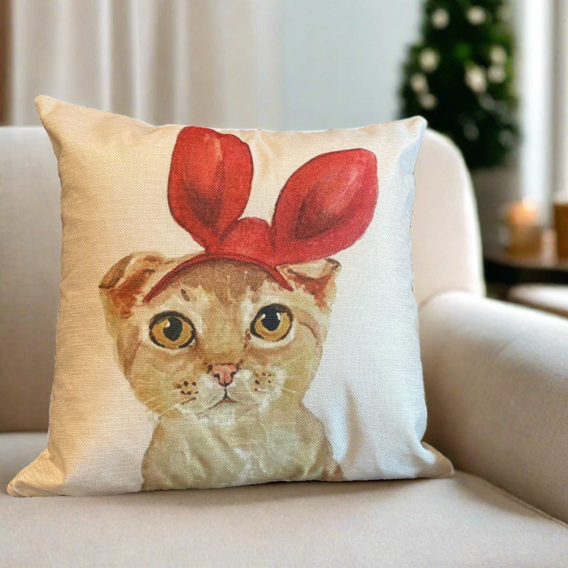 Lovely Orange Cat With Red Bunny Ear Throw Pillow Cover