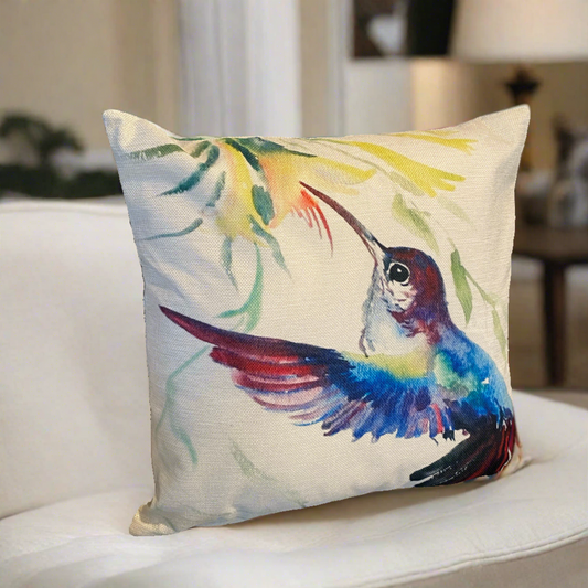 Blue Hummingbird Bird With Flowers Pillow Cover