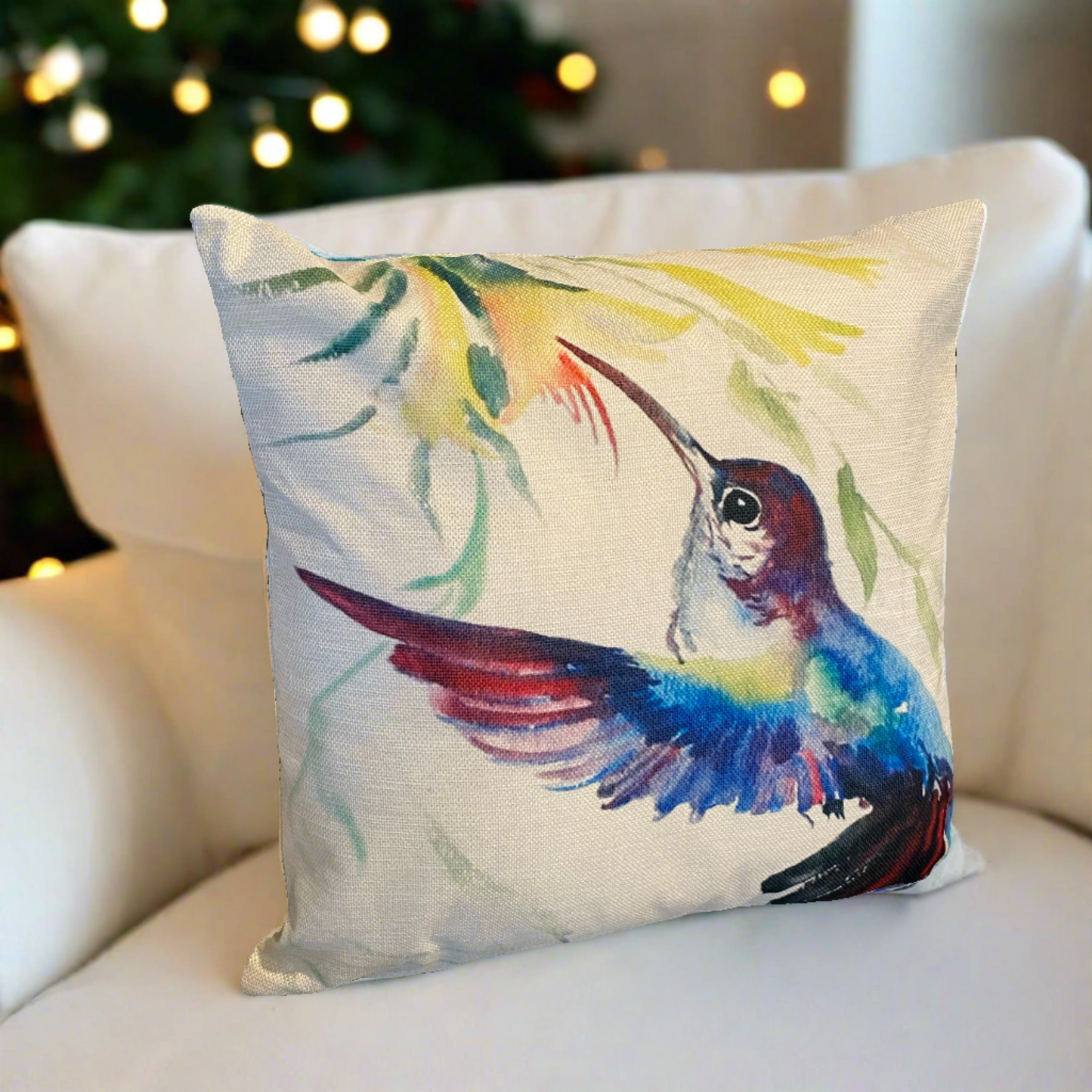 Blue Hummingbird Bird With Flowers Throw Pillow Cover