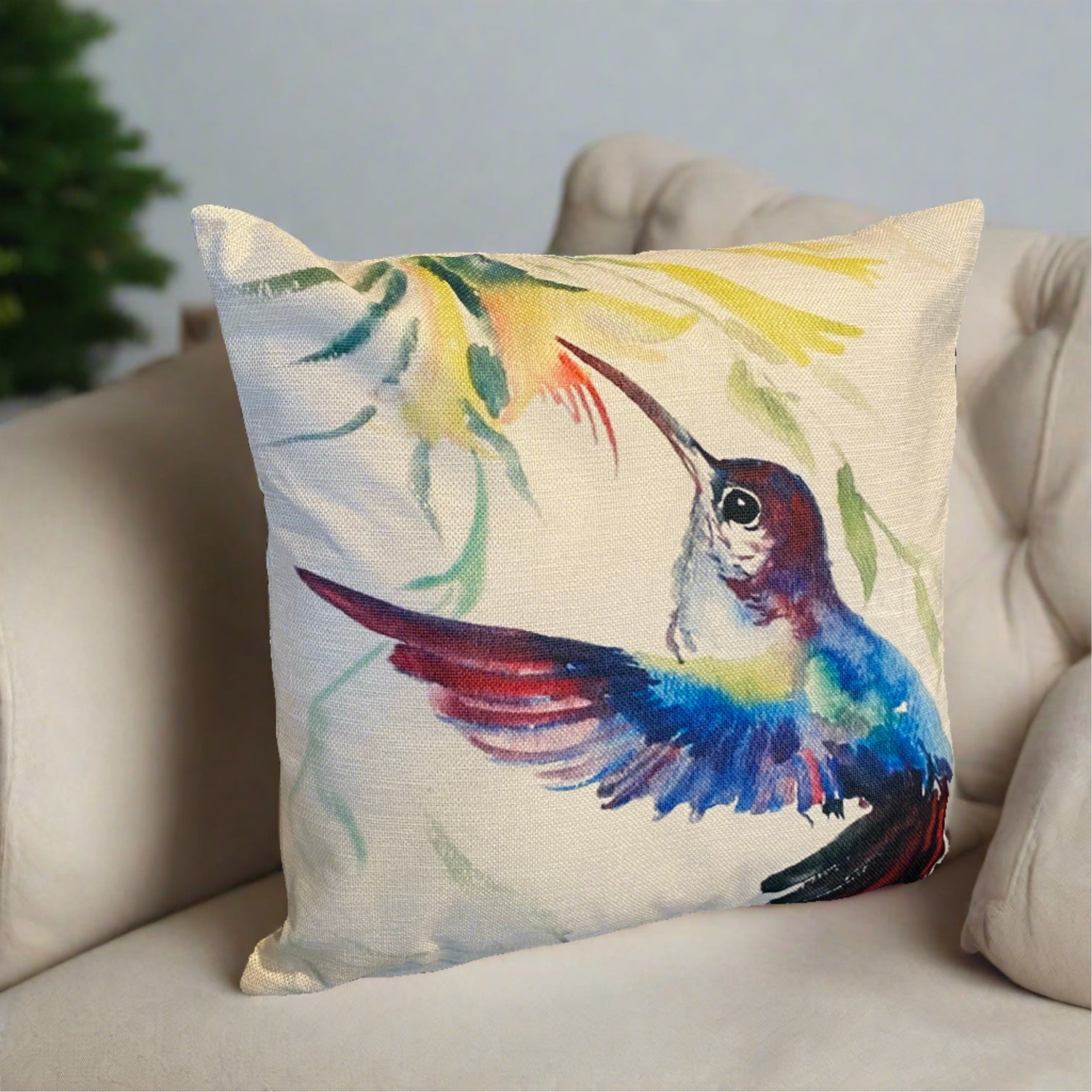 Blue Hummingbird Bird With Flowers Throw Pillow Cover