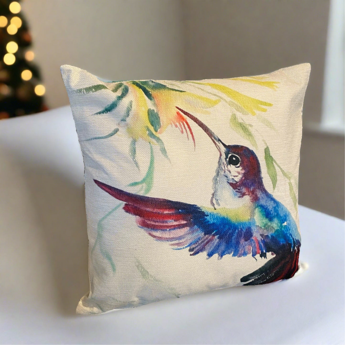 Blue Hummingbird Bird With Flowers Throw Pillow Cover