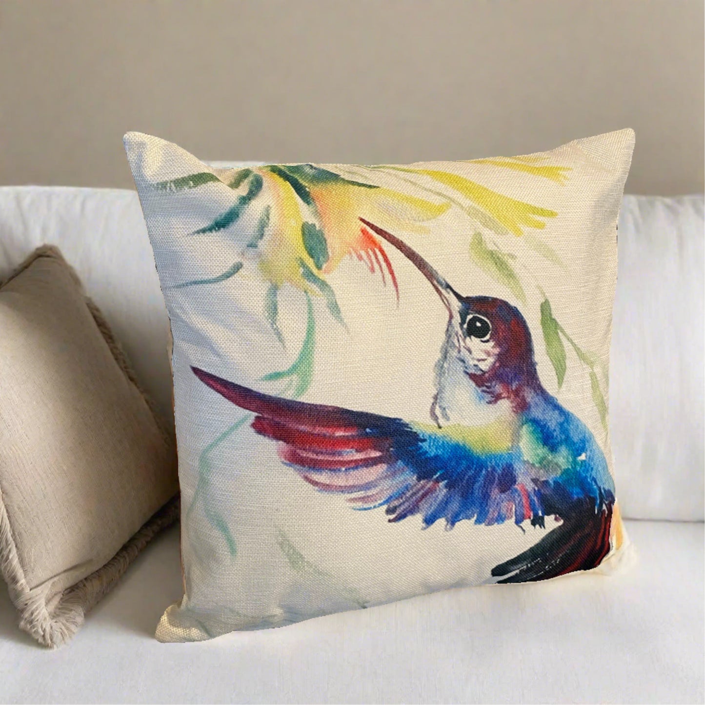 Blue Hummingbird Bird With Flowers Throw Pillow Cover