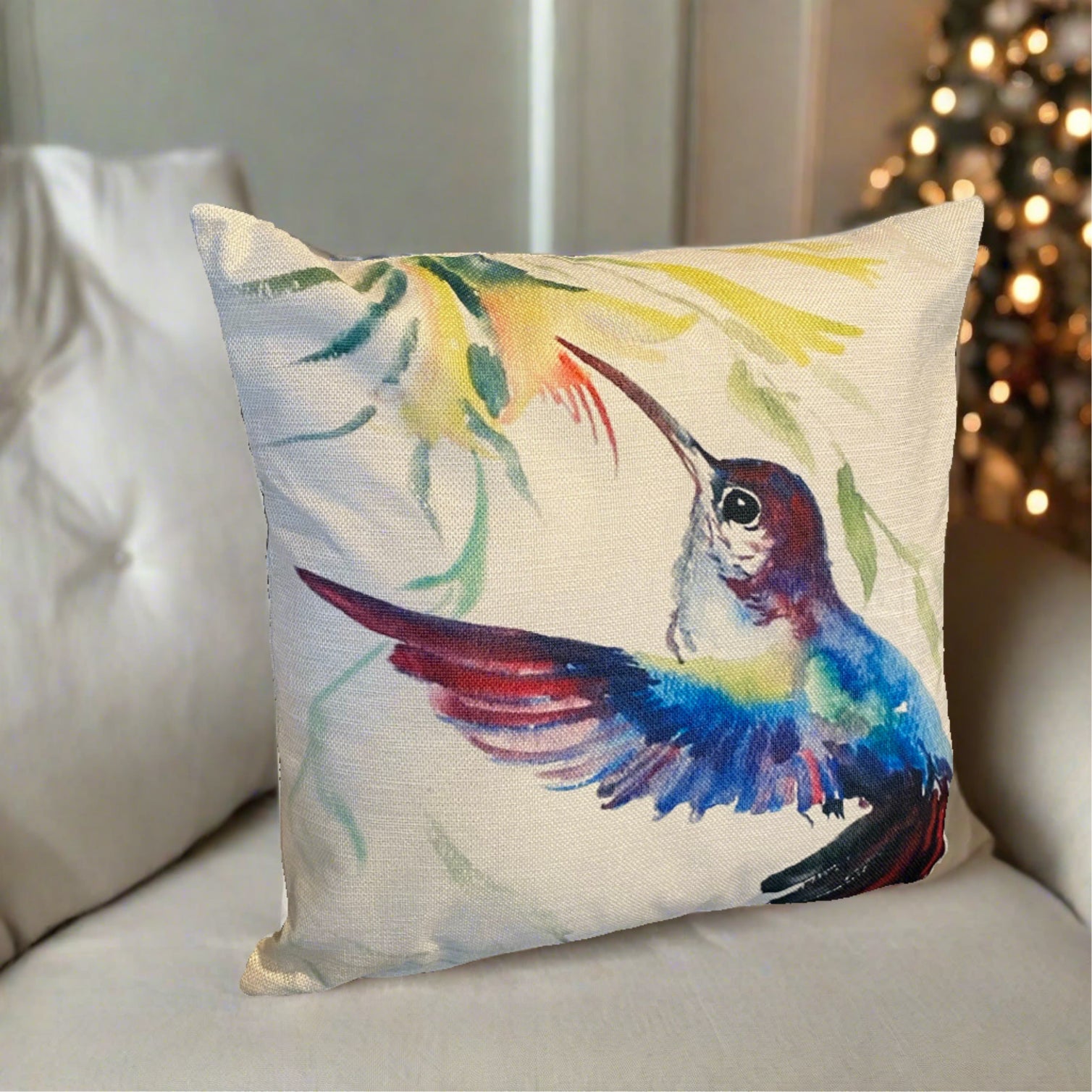 Blue Hummingbird Bird With Flowers Throw Pillow Cover