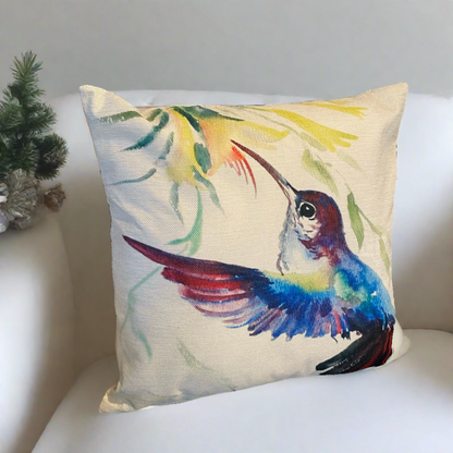 Blue Hummingbird Bird With Flowers Throw Pillow Cover