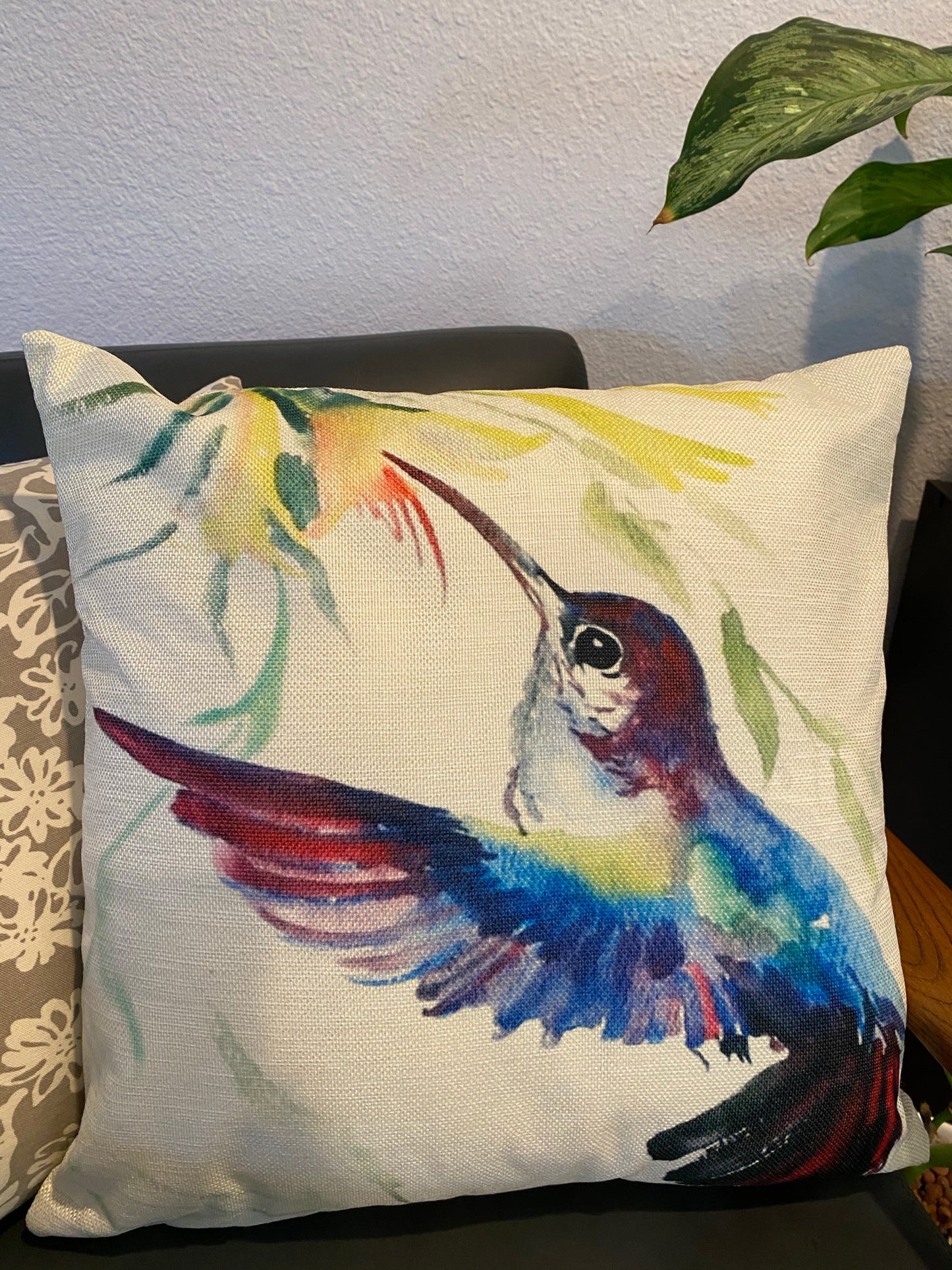 Blue Hummingbird Bird With Flowers Throw Pillow Cover