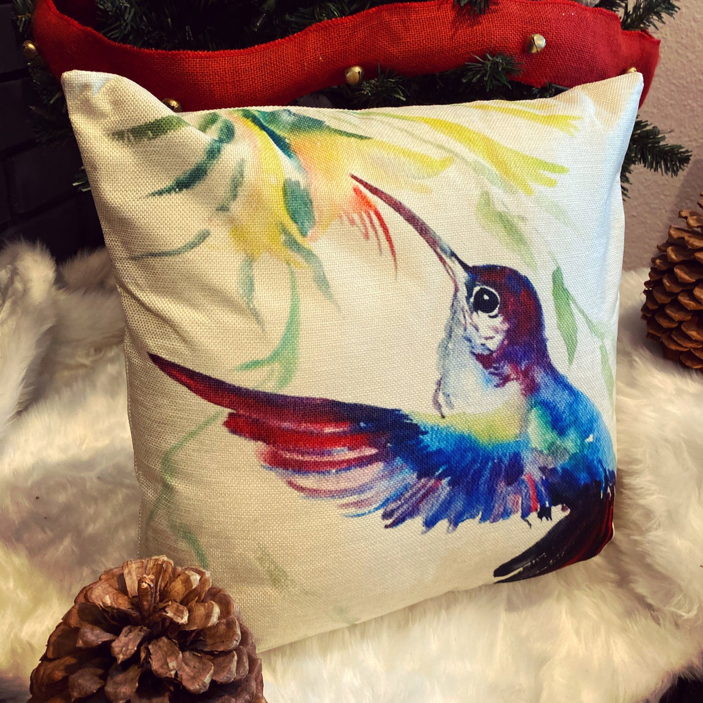 Blue Hummingbird Bird With Flowers Throw Pillow Cover